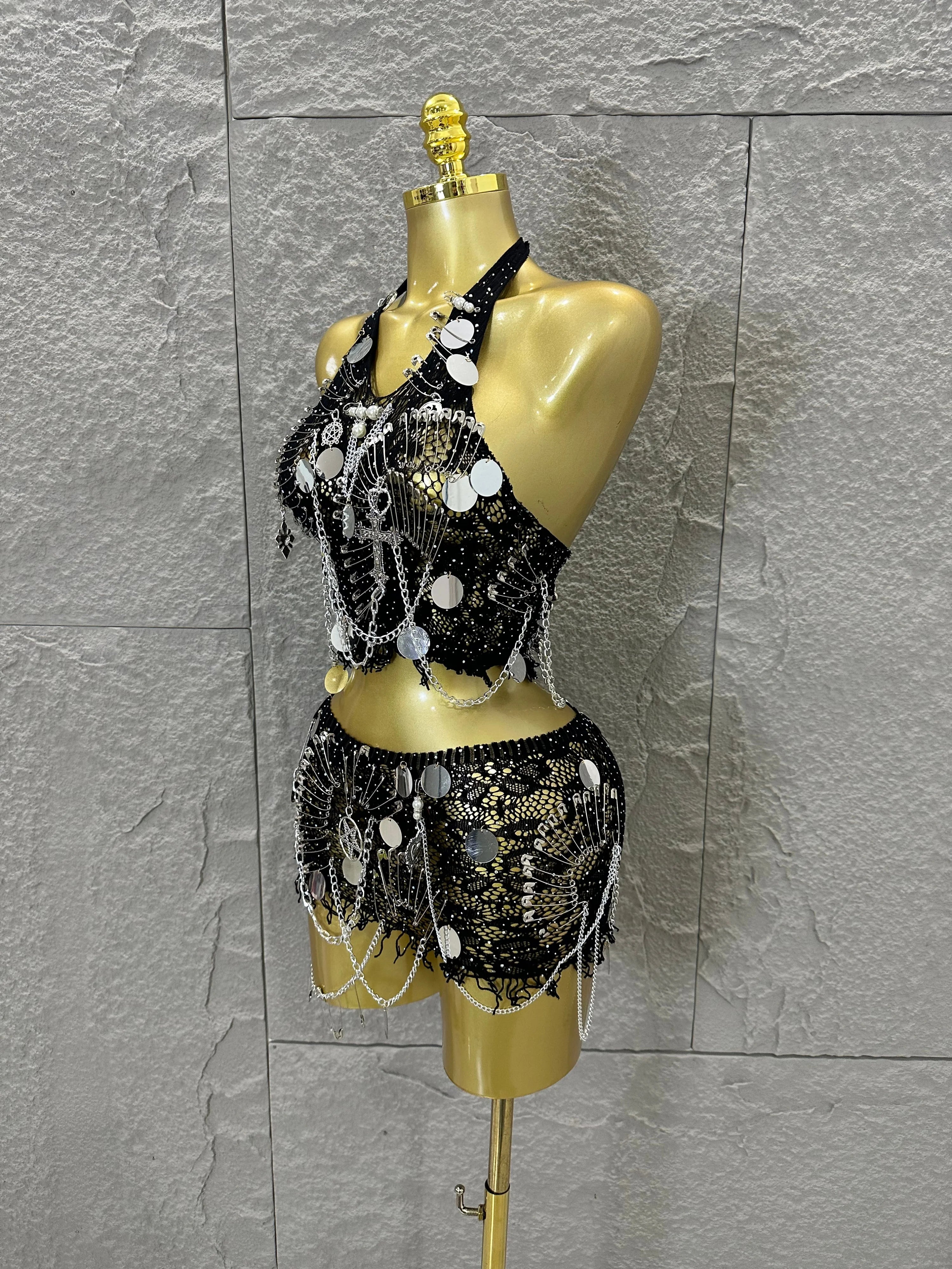 Women Sexy Safety Pin Lace Two Piece Set Halter Neck Sequin Embellished Crop Top & Mini Skirt Outfit Stage Performance Costume