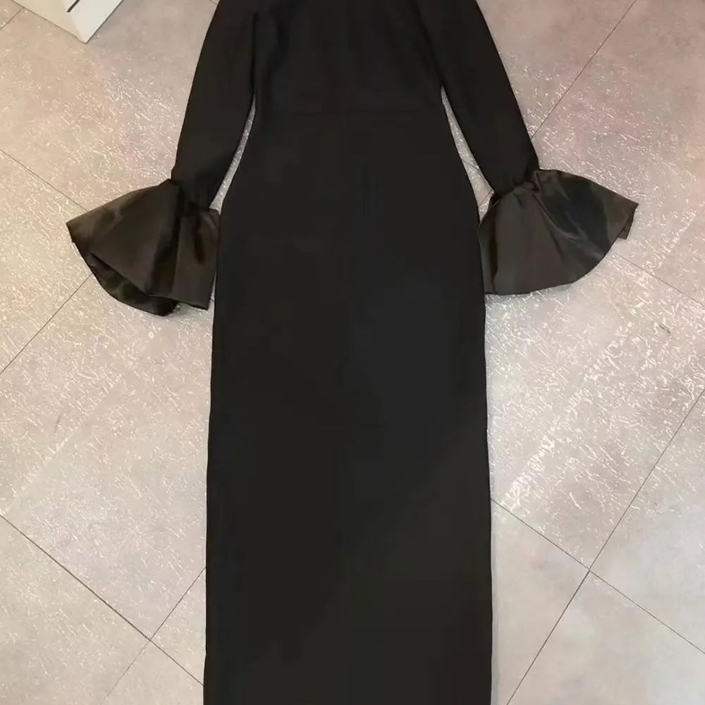 2024 Elegant Women's Black Maxi Dress Stand up Neck Flare Sleeves Bodycon Bandage Long Dresses Cocktail Evening Party Vestidos