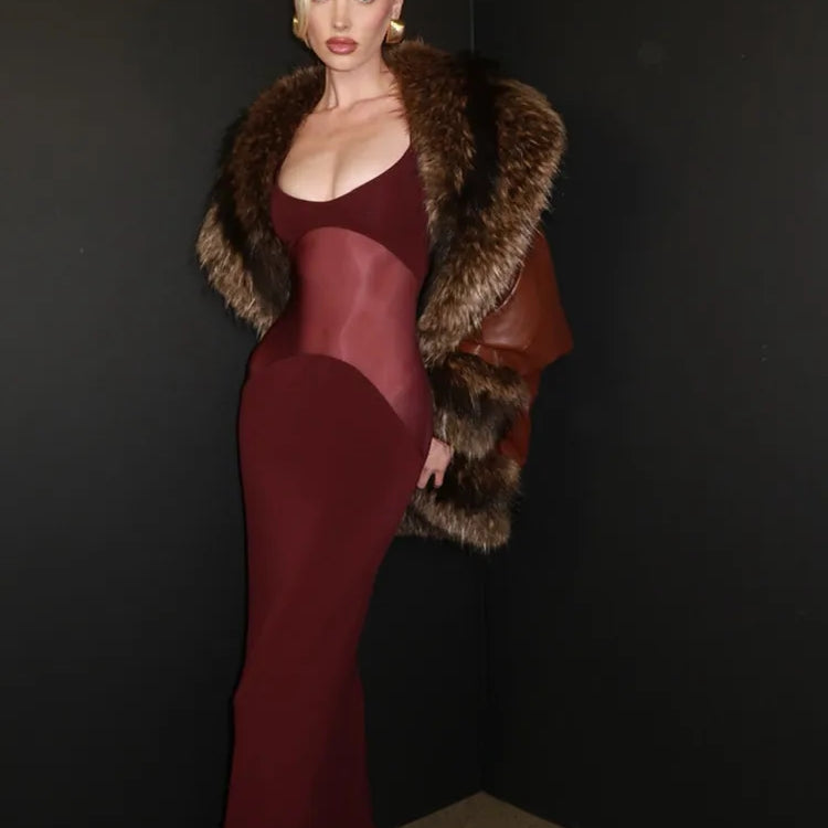 Luxury Women Celebrity Sexy Sleeveless Mesh Burgundy Maxi Long Gowns Dress 2025 Elegant Evening Party Club Vestido Claret