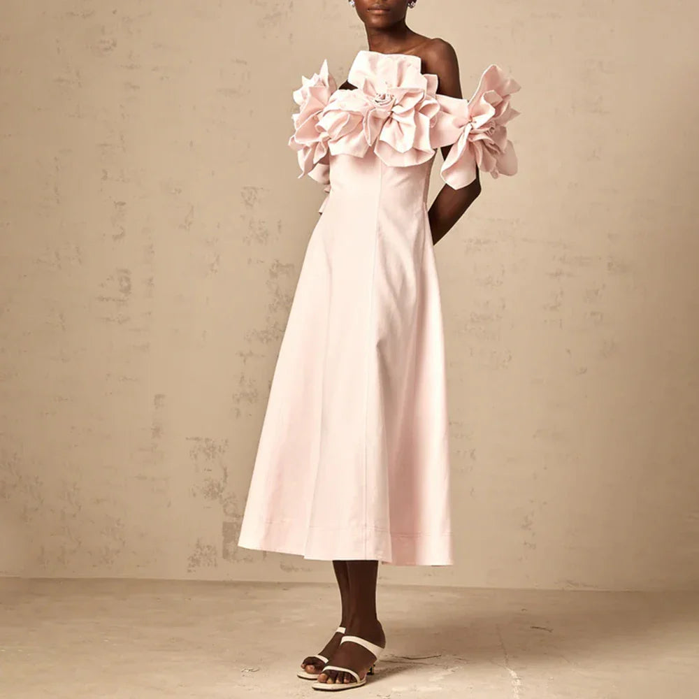 Solid Slimming Elegant Dresses for Women Strapless Off Shoulder Patchwork 3D Flowers Fashion Dress Female Clothing