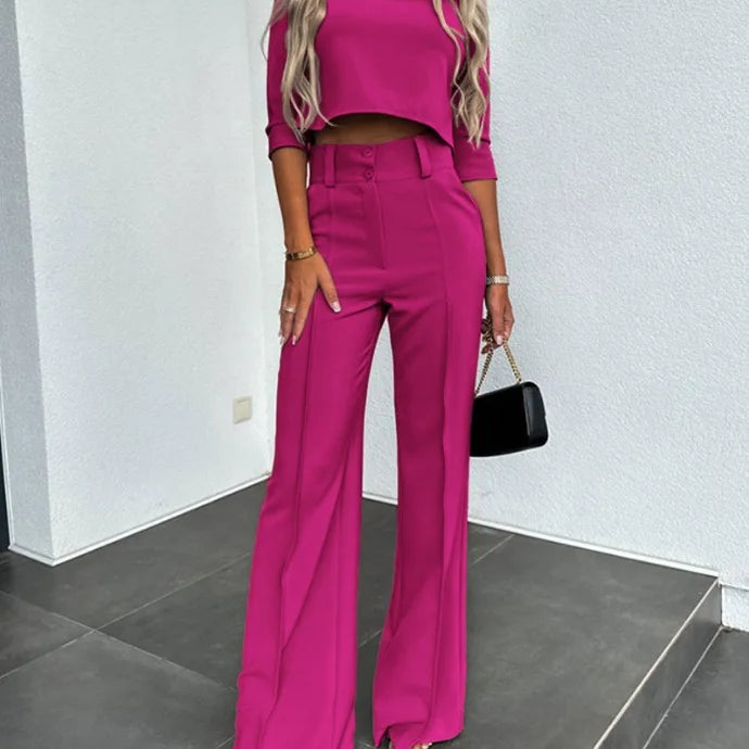 2024New Fashion Women's Elegant Small High Neck Casual Shorts Top Pocket Micro Horn Elegant Pants Set Rose Red