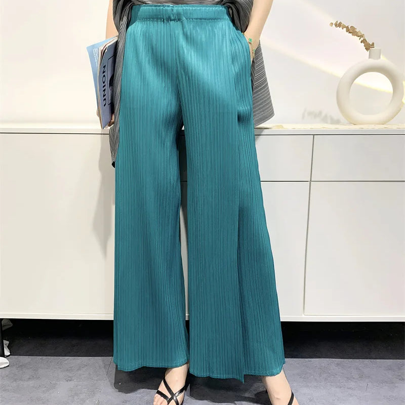 Summer Pants Women Hitching Piece Comfortable Casual New Loose Straight Pants Wide Leg High Waist Thin Pleated Pants Lake green One Size