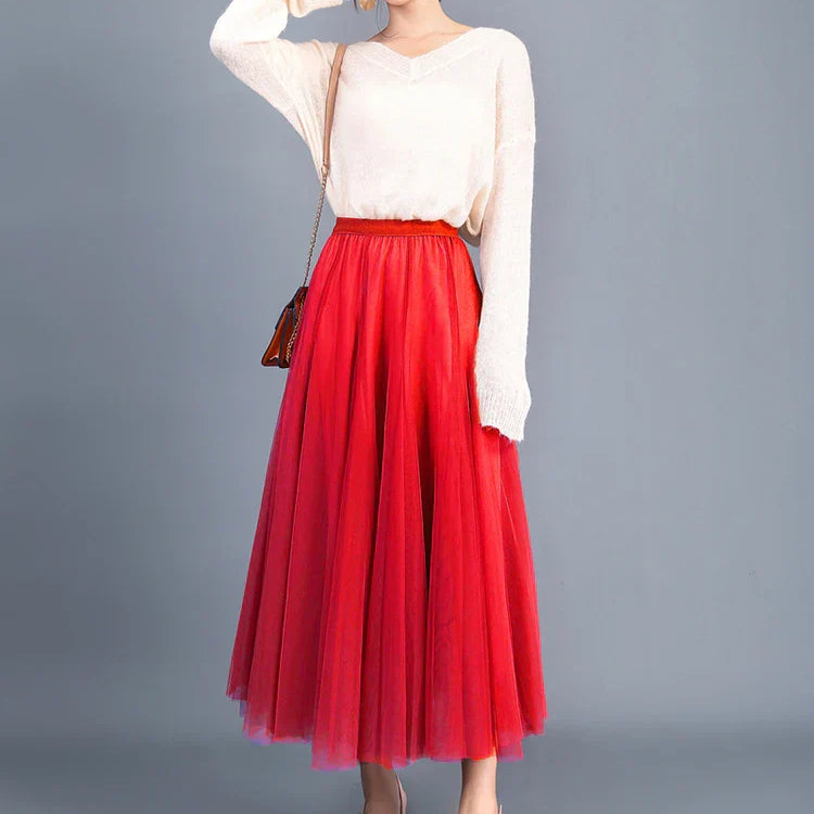 Jielur Skirts Womens Autumn 3 Layers Princess Tulle Mesh Pleated Skirt Saia Female Jupe Summer Tutu Skirts Faldas Mujer Moda big red One Size