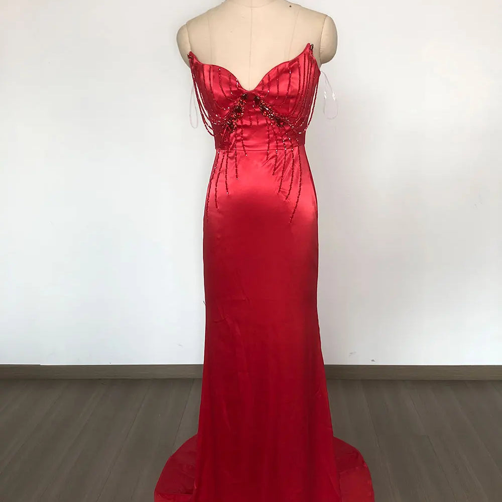 2025 Sexy Women'S Light Luxury Nail Bead Design Tailcoat And Floor Dress Strapless Sleeveless Bodycon Backless Marx Red Dresses Red