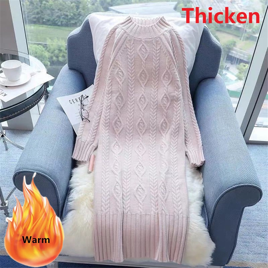 Winter Thicken Plus Velvet Sweater Dress Women's Fall Mock Neck Rib Knit Bottoming Dresses Elegant Warm Vestido Midi With Coats Thicken pink