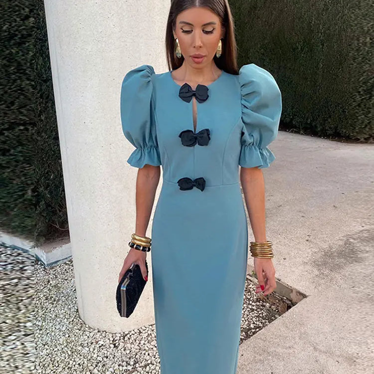 Fashion Short Puff Sleeves Bow Midi Dress For Women Solid Round Neck Slim Fit Dresses Elegant Party Club Vestidos Blue