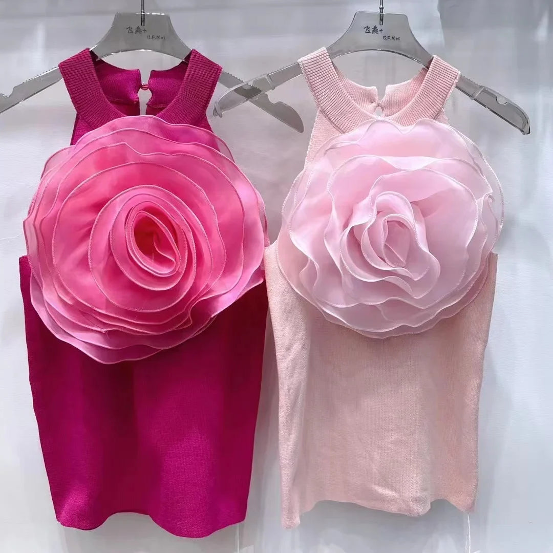 Summer Knitwear Sexy Crop Tank Top Femme Black White 3D Flower Sexy Sleeveless Knitted Top Slim Fit Halter Vest