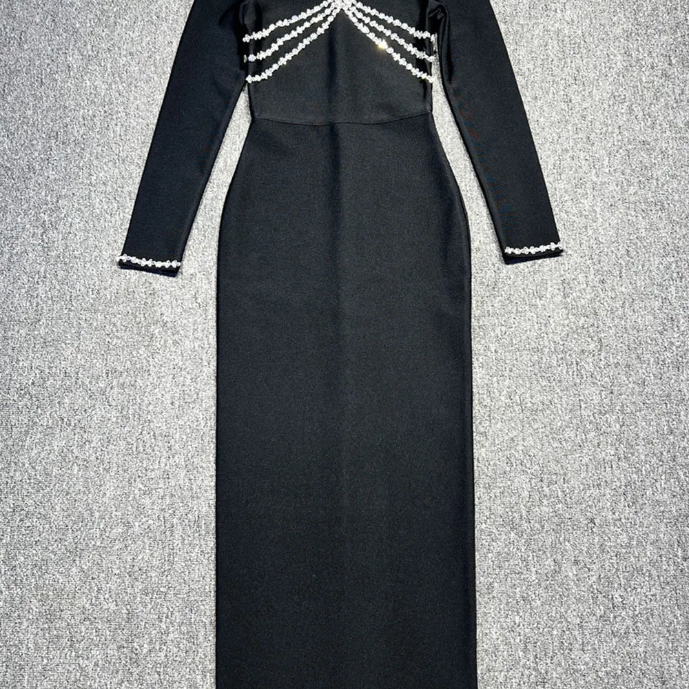 2024 Elegant Women Light Luxury Diamond Set Bandage Dress with Stand Collar Long Sleeve Bodycon Long Dress Evening Party Vestido