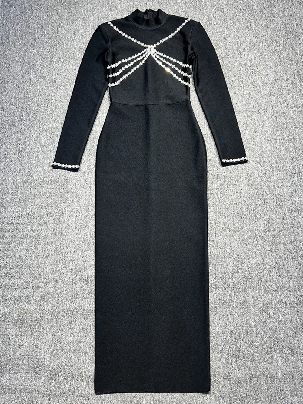 2024 Elegant Women Light Luxury Diamond Set Bandage Dress with Stand Collar Long Sleeve Bodycon Long Dress Evening Party Vestido