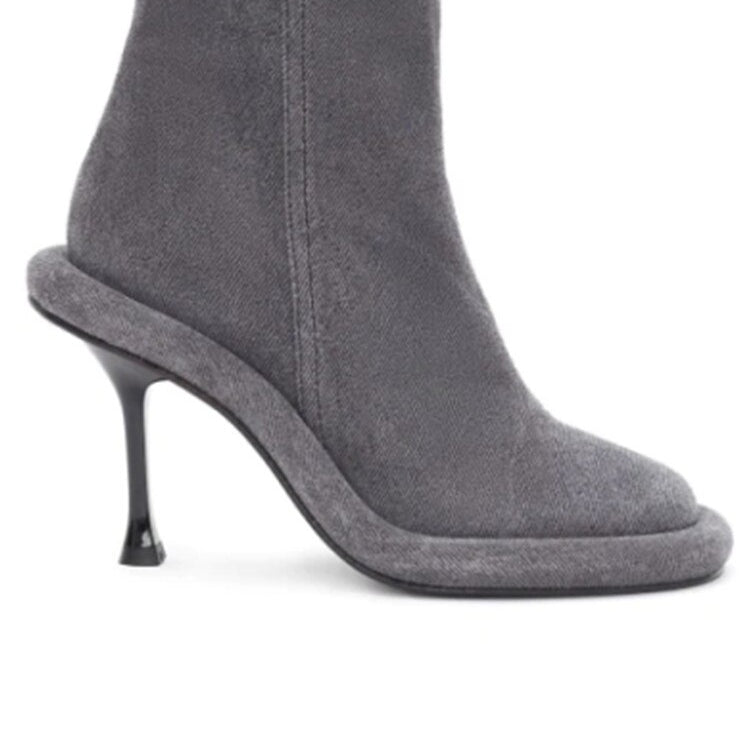 Spring and Autumn Women's New Slender High Heel Denim Short Boots Round Head Side Zipper Fashion Brand Women's Boots 509 Grey long style
