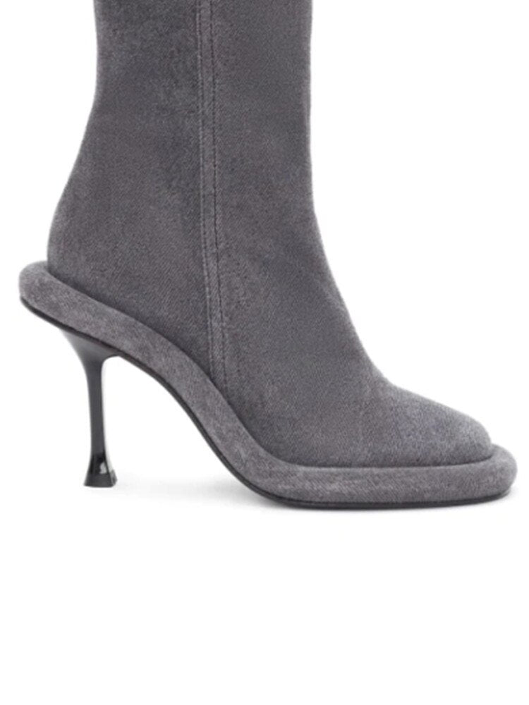 Spring and Autumn Women's New Slender High Heel Denim Short Boots Round Head Side Zipper Fashion Brand Women's Boots 509 Grey long style