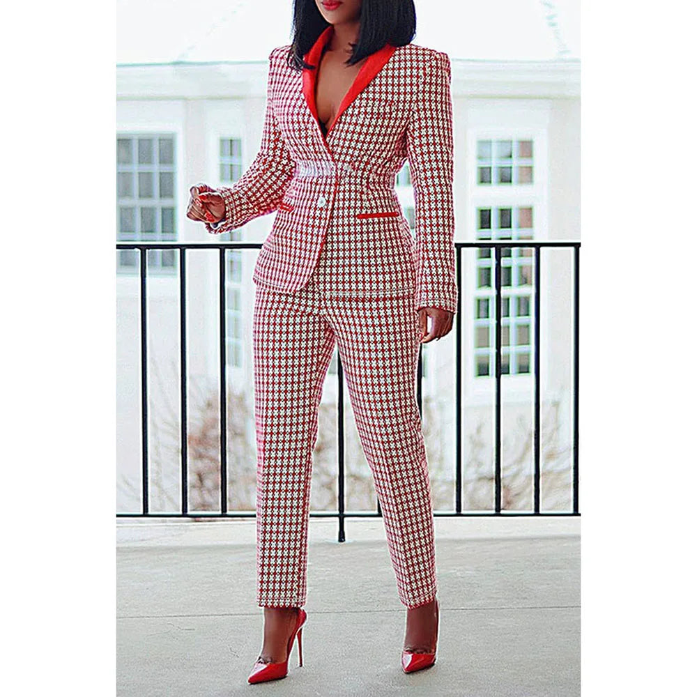Plus Size Semi Formal Pant Set Red Plaid Lapel Collar Long Sleeve Two Piece Pant Set Red