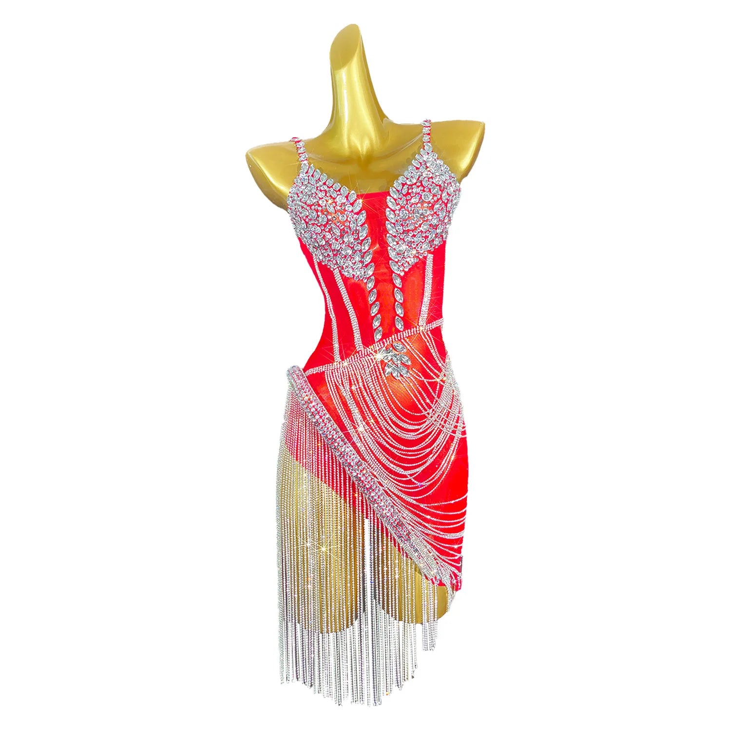 Women Shiny Red Crystal Chain Diamonds Dress Elastic Sexy Mini Night Club Performance Costume Birthday Party Dress Tassel Liehu