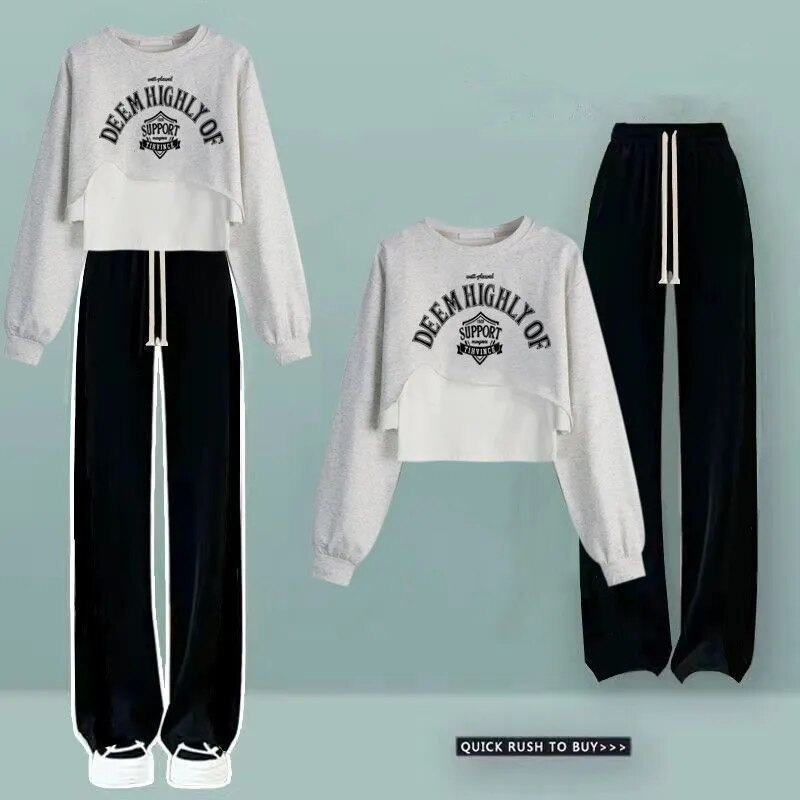 Women Spring Autumn Sweatshirt Wide Leg Pants Vest 3 Piece Set 2024 Lady Casual Letter T Shirts Trousers Outfits Green Top Suit