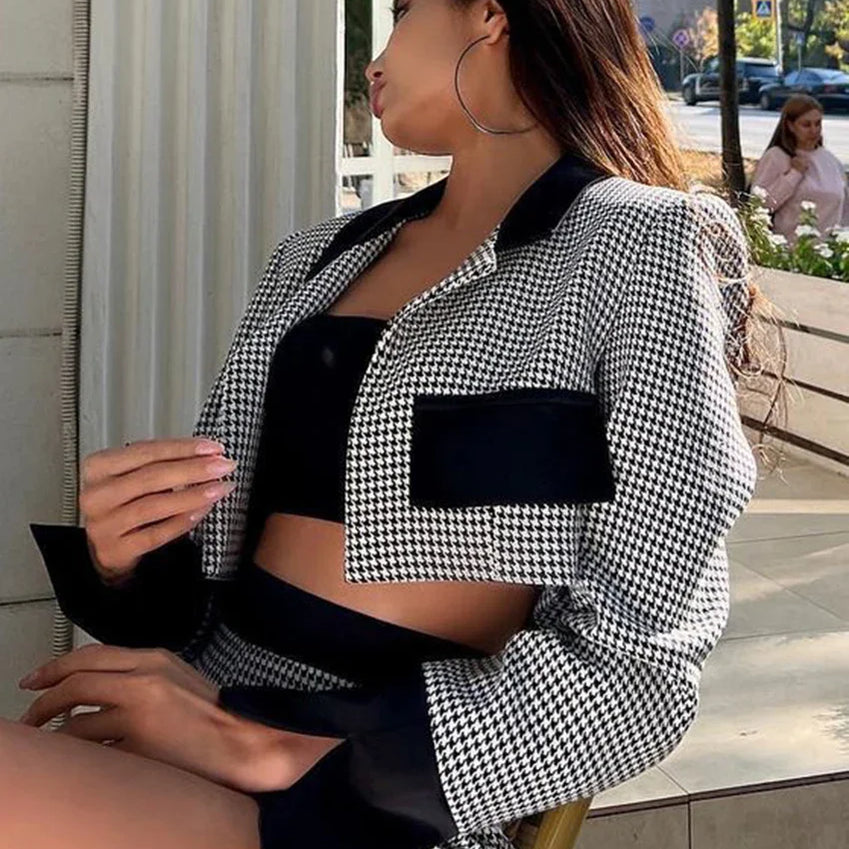 Clacive Fashion Slim Patchwork 2 Piece Sets Women Outfit 2023 Elegant Long Sleeve Crop Top With High Waist Shorts Set Streetwear