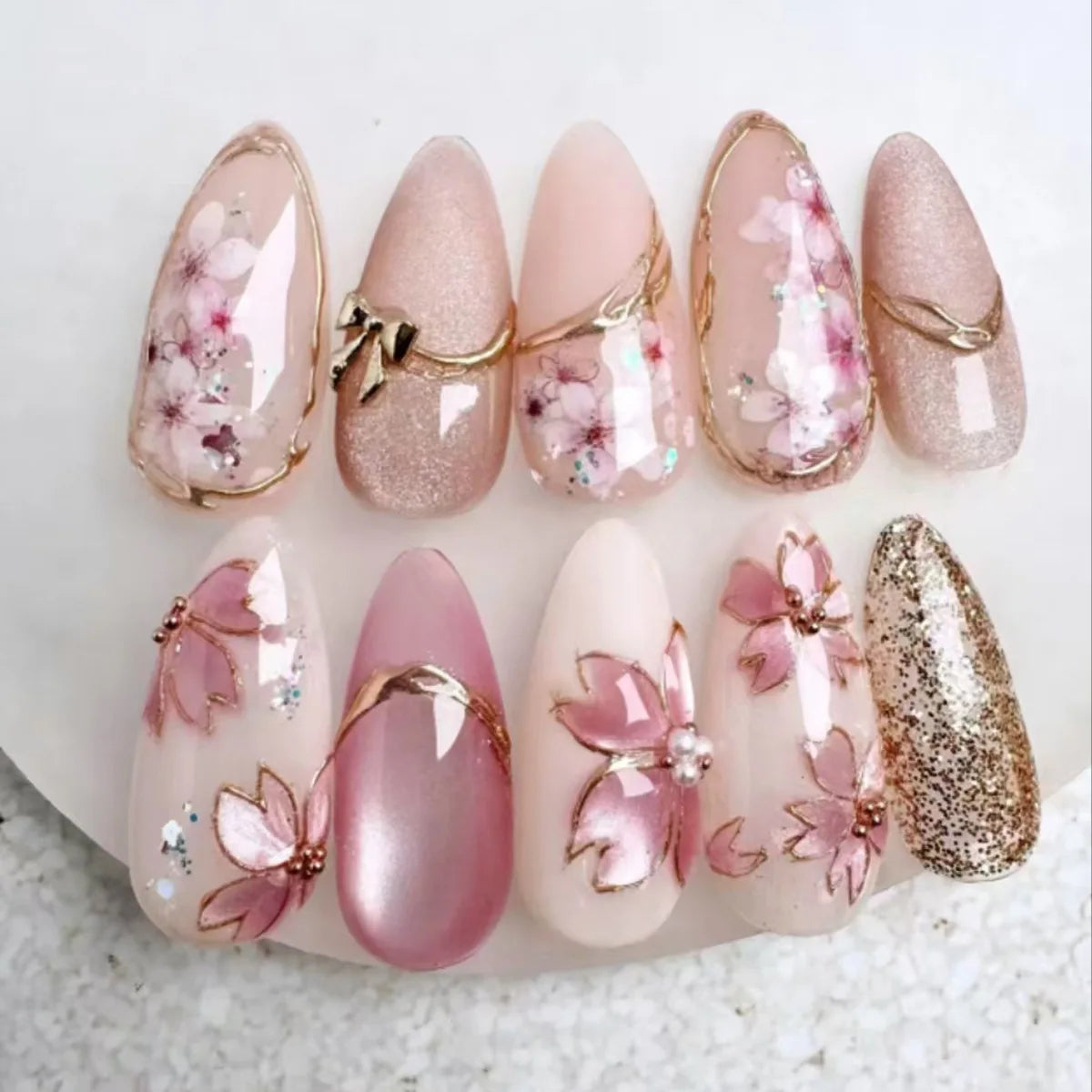 24pcs/30pcs/set Medium long 3D fake nails flowers golden foil bow rhinestones pink white summer nail tips press on false nails 2497