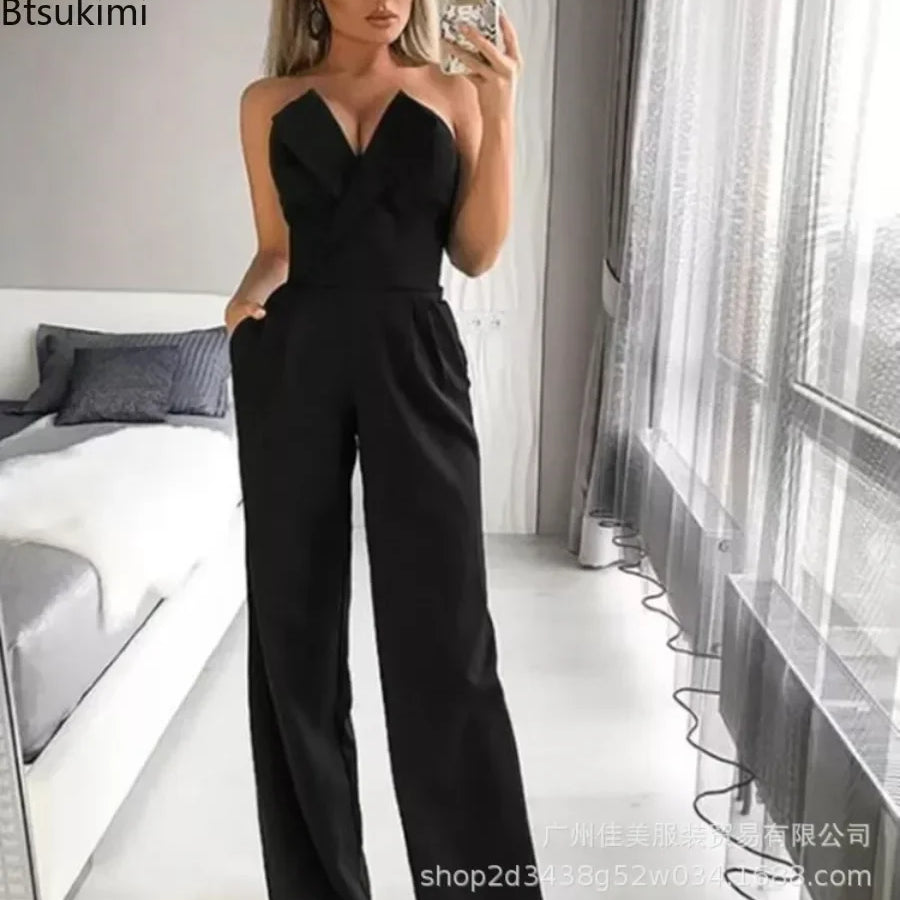 Women's Elegant Jumpsuits Solid Off Shoulder Sexy Club Jumpsuit Female Sleeveless High Waist Slim Wide Leg Jumpsuit Pants