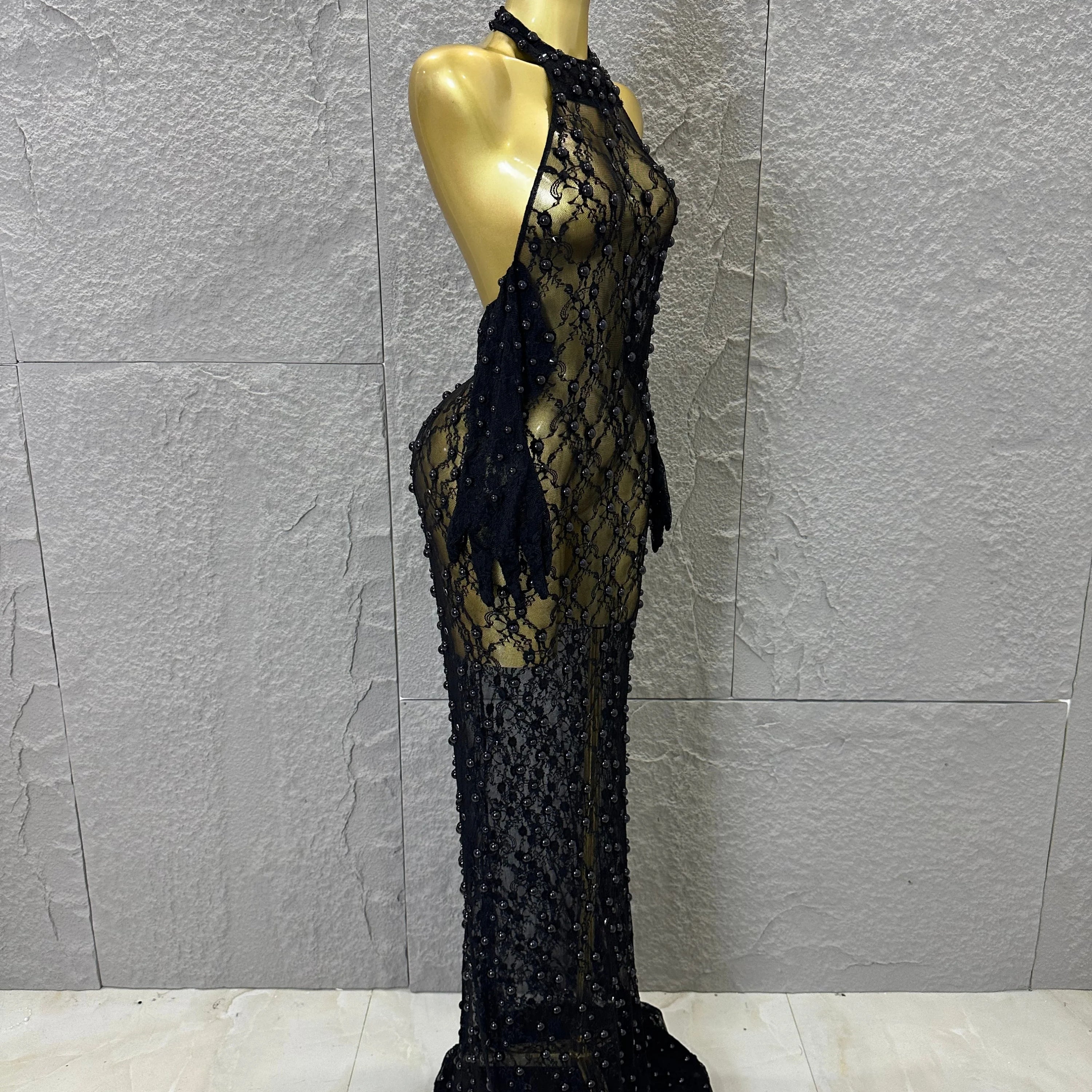 Black Opulent Halter Neck Maxi Sheer Mesh Beaded Lace Dress Form-Fitting Outfit Nightclub Party Evening Gala Costume