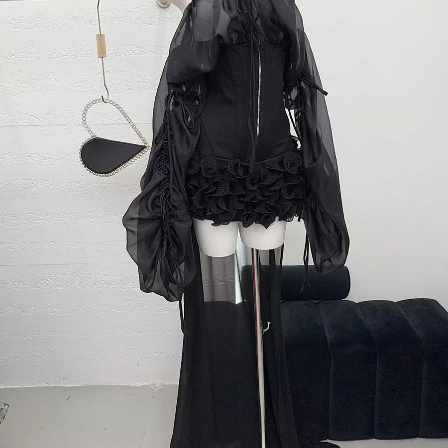 Solid Slimming Spliced Lace Up Mini Dresses for Women Slash Neck Long Sleeves Patchwork Fungus Folds Dress Female BLACK