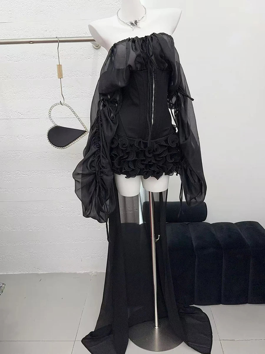 Solid Slimming Spliced Lace Up Mini Dresses for Women Slash Neck Long Sleeves Patchwork Fungus Folds Dress Female BLACK