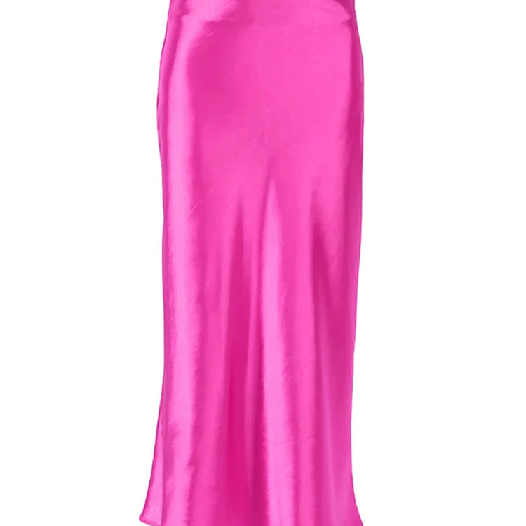 Mnealways18 Solid Purple Satin Silk Skirt Women High Waisted Summer Long Skirt New Elegant Ladies Office Skirts Midi Spring Pink