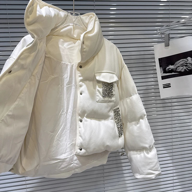 Winter New Fashion Heavy Industry Rhinestone Beaded Stand Collar Warm Jacket For Women Cotton-padded Coat 11A07467