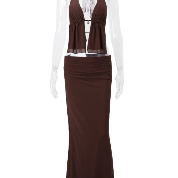 Mozision Hollow Out Lace-up Sexy Skirt 2 Piece Sets Women Brown Halter Crop Tops And Maxi Skirt Female Skinny Sexy Two Piece Set Brown