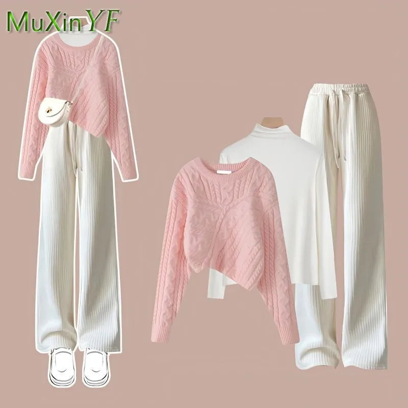 Women's Autumn Winter Suit 2024 New Fashion Knitted Sweater Undershirt Casual Pants 3 Piece Korean Elegant Trousers Matching Set