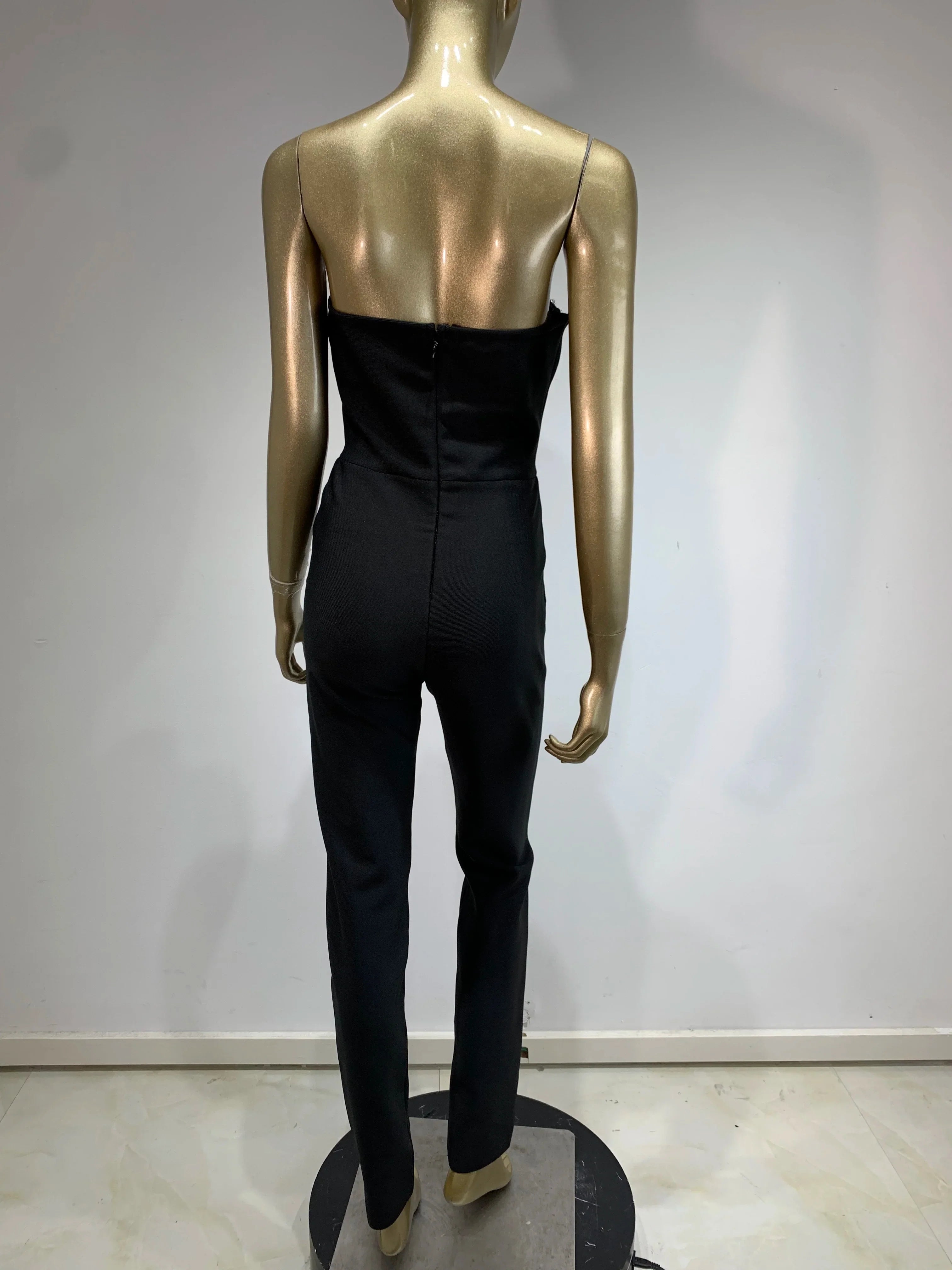 Women Luxury Sexy Strapless Backless Crystal Diamonds Black Bodycon Bandage Jumpsuit Celebrity Designer High Street Rompers