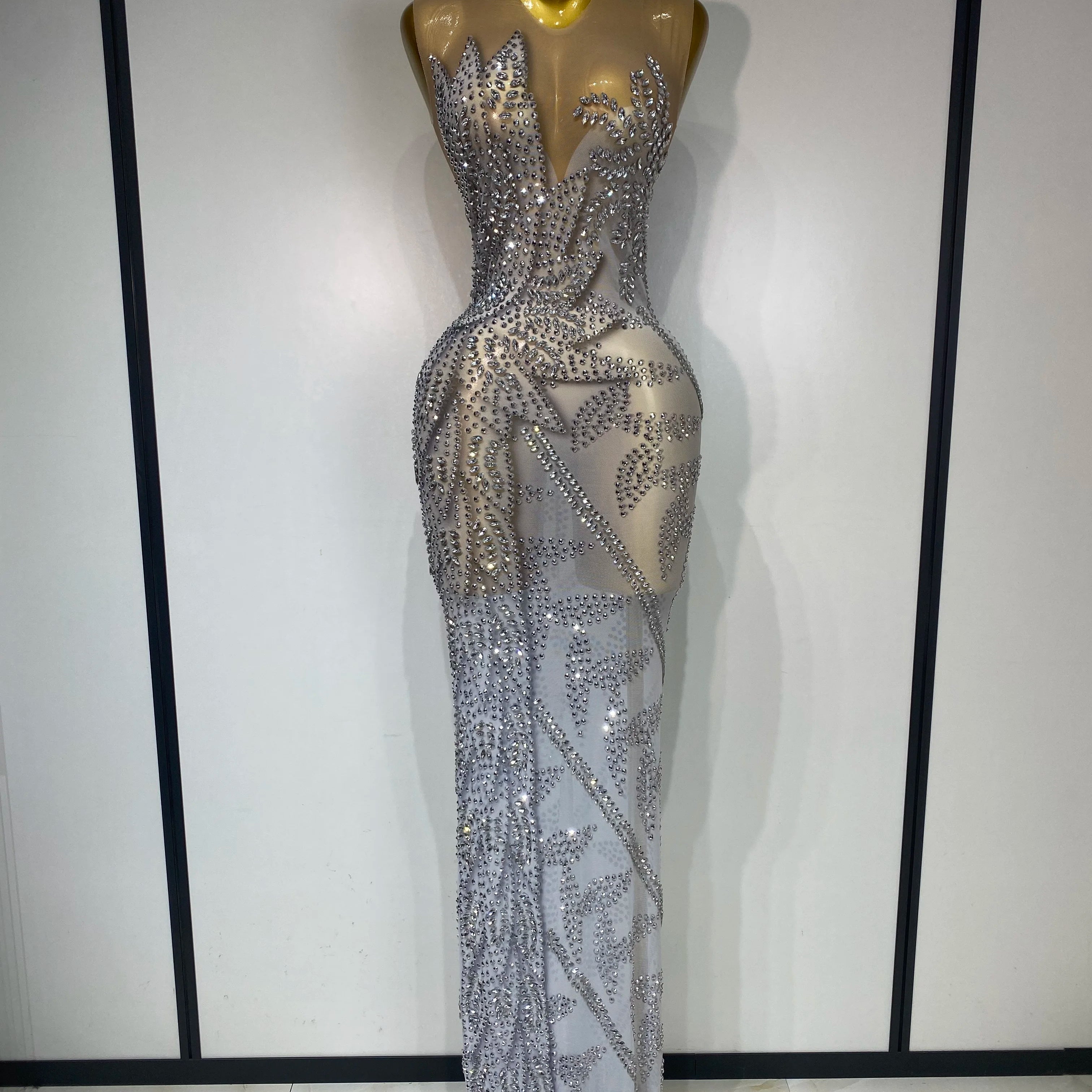 Luxury Rhinestone Sleeveless Silver Long Dress Women Sexy Mesh See Through Evening Prom Birthday Photo Shoot Singer Stage Outfit Silver