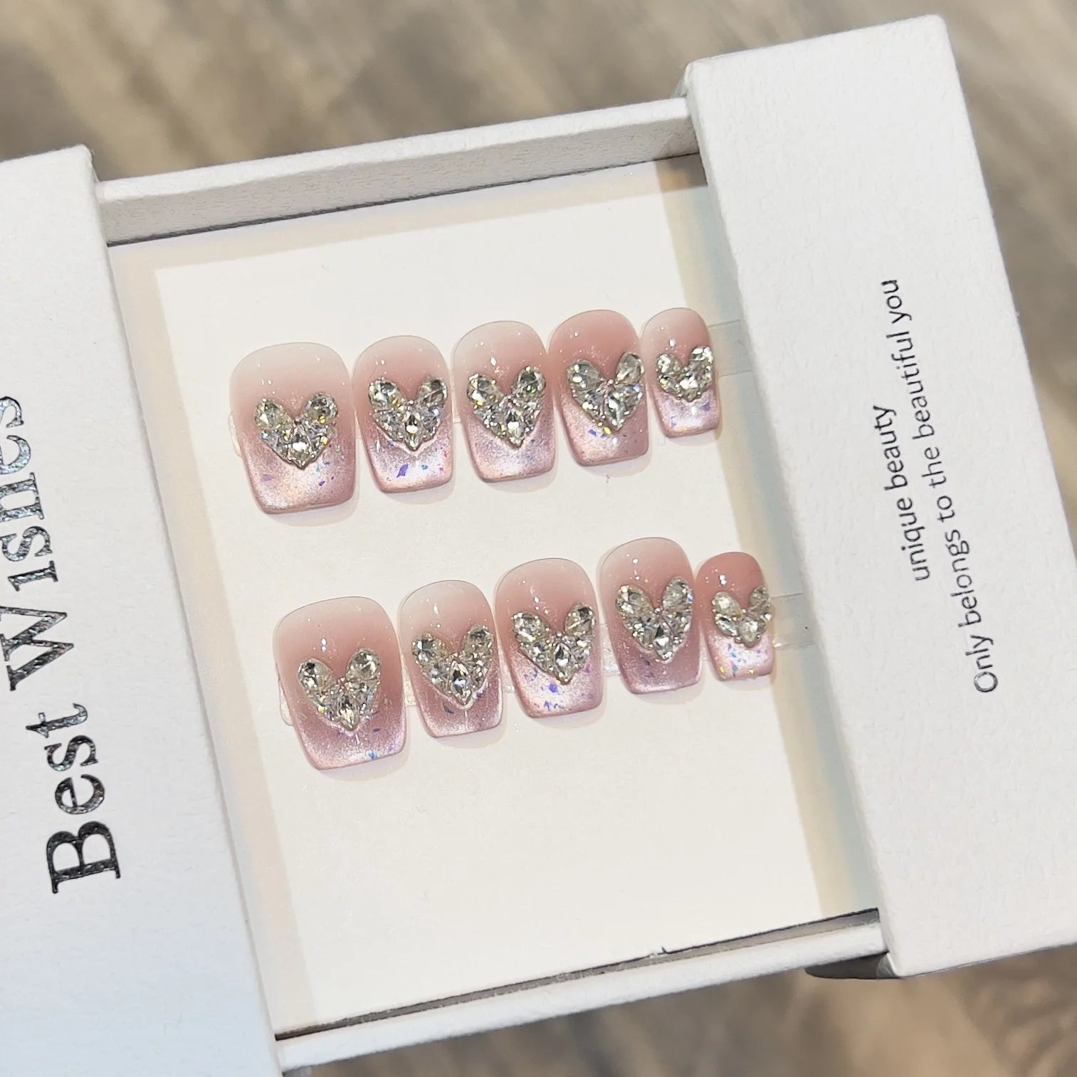 10pcs Crystal Cat Eye False Nails Colorful Mini Flower Fake Nails with Butterfly Design Elegant Press on Nails Short Square Nail