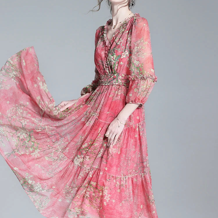 EVNISI Summer Women Boho Chiffon Dress V-Neck Red Elegant Office Floral Printing A-line Dresses Chic For Women Party Vestido