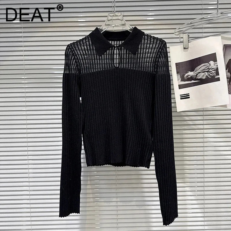 Winter New Fashion Lapel Slightly Transparent Patchwork Design Knitted Tops For Women Slim Fit Shirts Female 11A07661