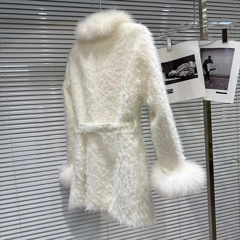 Winter New Fashion Diamond Fox Fur Collar Waist Belt Cotton Coat For Women Lace-up Waisted Jacket Female 11A07796