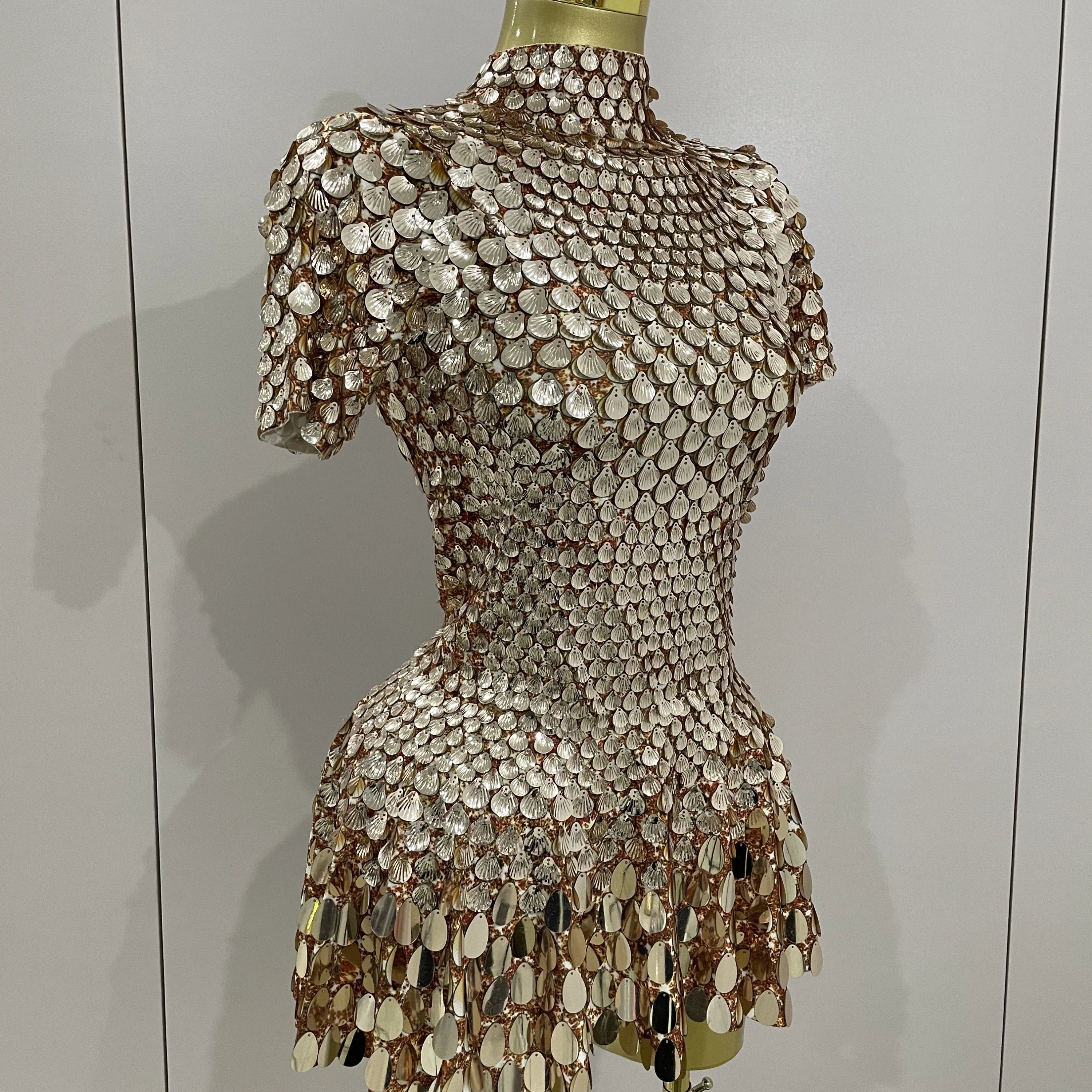 Luxury Shiny Shell Sequins Bodysuit Dress Women Sexy Nightclub Dance Performance Clothing Birthday party Dresses