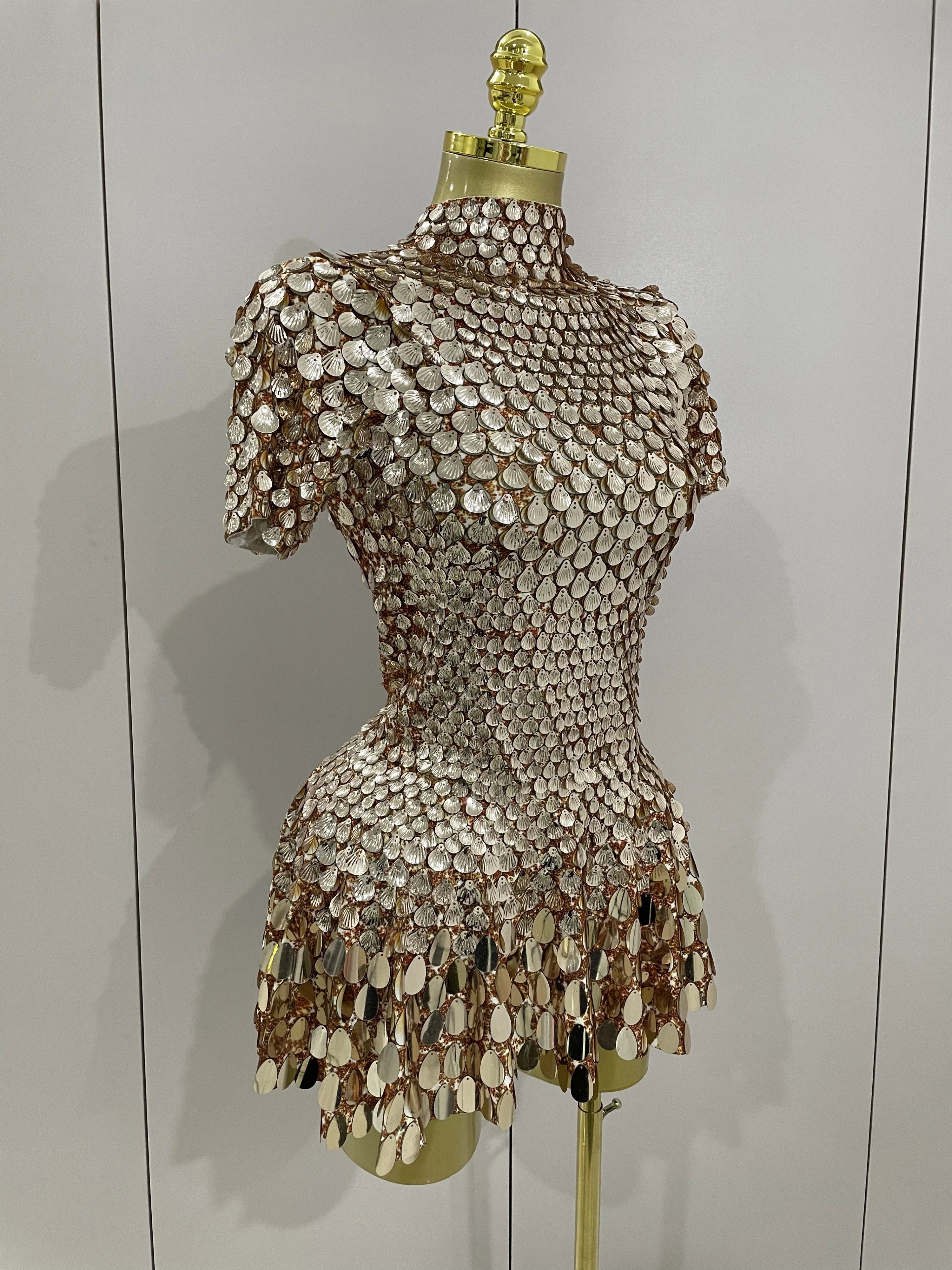 Luxury Shiny Shell Sequins Bodysuit Dress Women Sexy Nightclub Dance Performance Clothing Birthday party Dresses