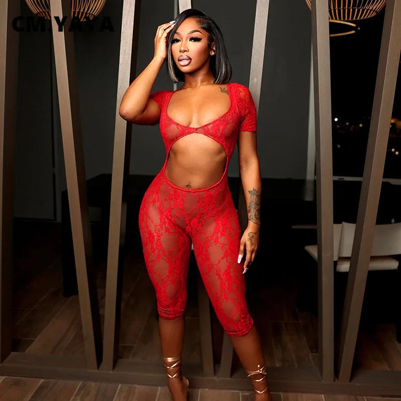 2024 Spring Short Sleeve Backless Women Lace Hollow Out Casual Rompers Playsuit Short Jumpsuits V-neck One Piece Outfits