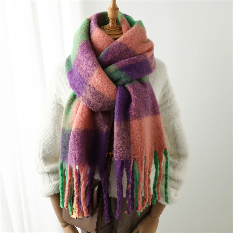 Thick Warm Scarf Women Winter Neck Shawls Tassel Pashmina Scarves Lady Cashmere Bandana Plaid Rainbow Hairy Foulard