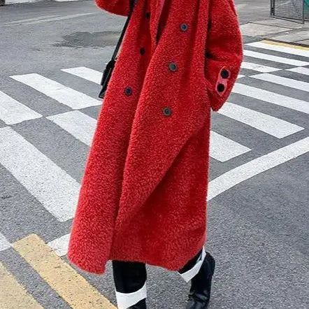 Pure Wool Shearling Coat for women,Long Female Slim Fur One Lamb Fur Coat,autumn/Winter 2024,New Square collar red