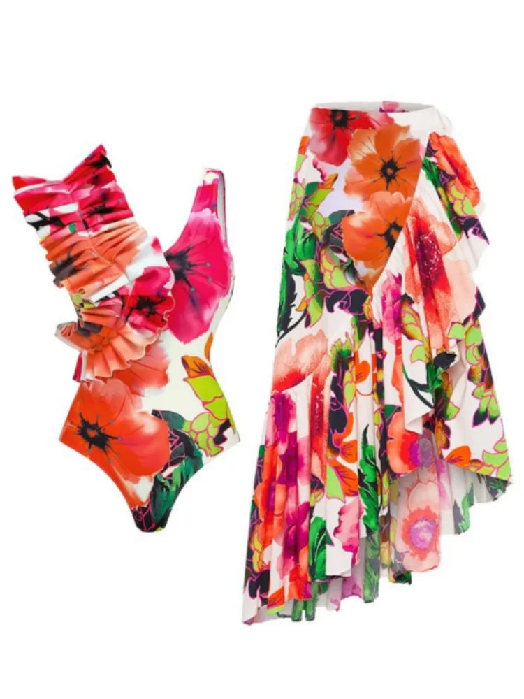 New Flower Printed Ruffle One Piece Women Swimsuit Swimwear with Skirt Ruffle Bathing Suit Monokini Beach Wear Bodysuit