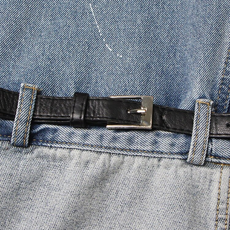 Women Jeans High Waist Long Straight Contrast Color Knee Splice PU Leather Belt Denim Pants 2024 Autumn