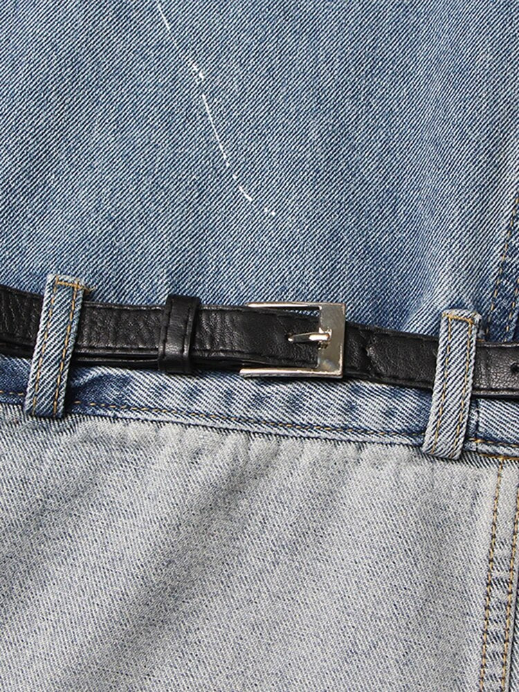 DEAT Women Jeans High Waist Long Straight Contrast Color Knee Splice PU Leather Belt Denim Pants 2023 Autumn New Fashion 29L2408