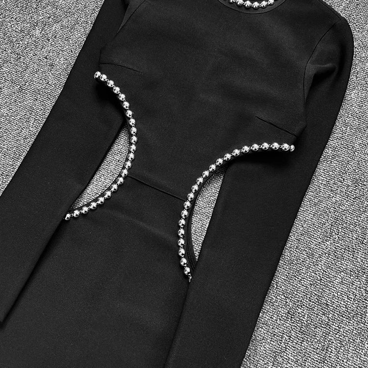 2022 Winter Black Dress Women Sexy Hollow Out High Slit Fashion Party Wear Bandage Dress With Long Sleeve