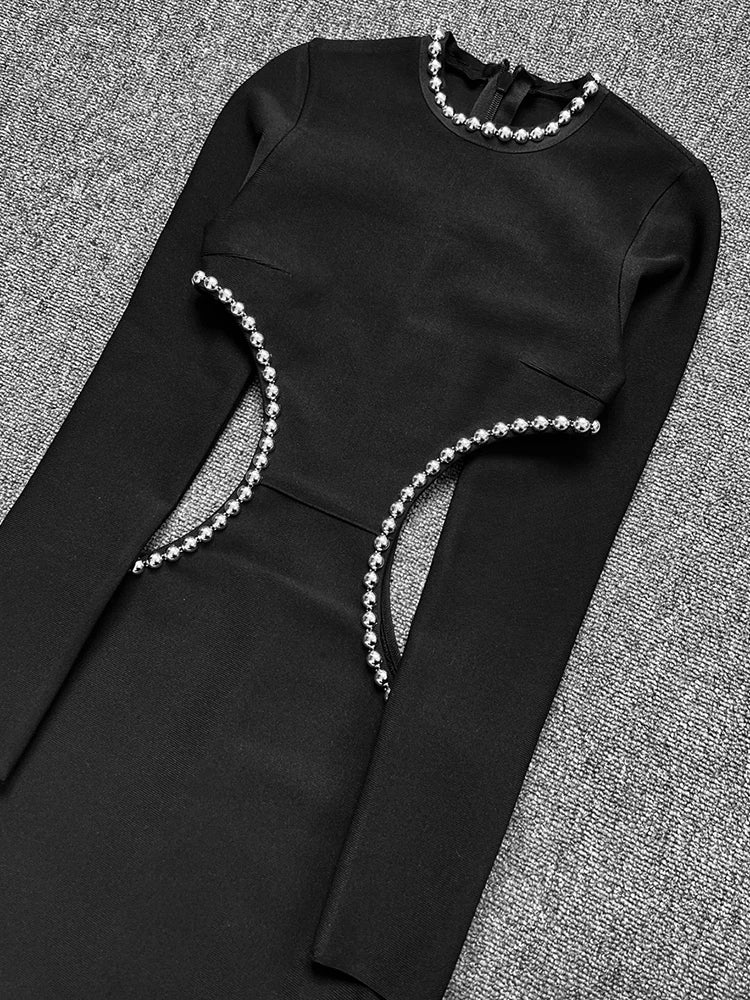 2022 Winter Black Dress Women Sexy Hollow Out High Slit Fashion Party Wear Bandage Dress With Long Sleeve