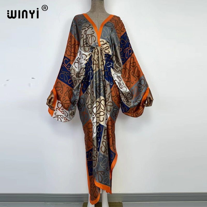 Sexy bech high-quality hand-rolled feel silk rayon fashion print 2024 WINYI Maxi Women's robes long beach V-neck Bohemian dress 23 One Size