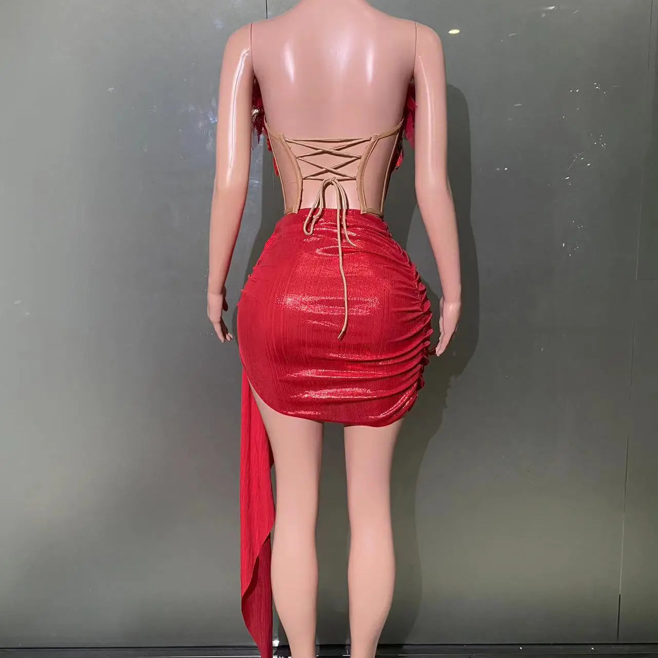 Christmas Style Women Sexy 2 Pieces Beading Draped Bodycon Mini Dress Nightclub Party Celebrate Bar Singer Performance Costume