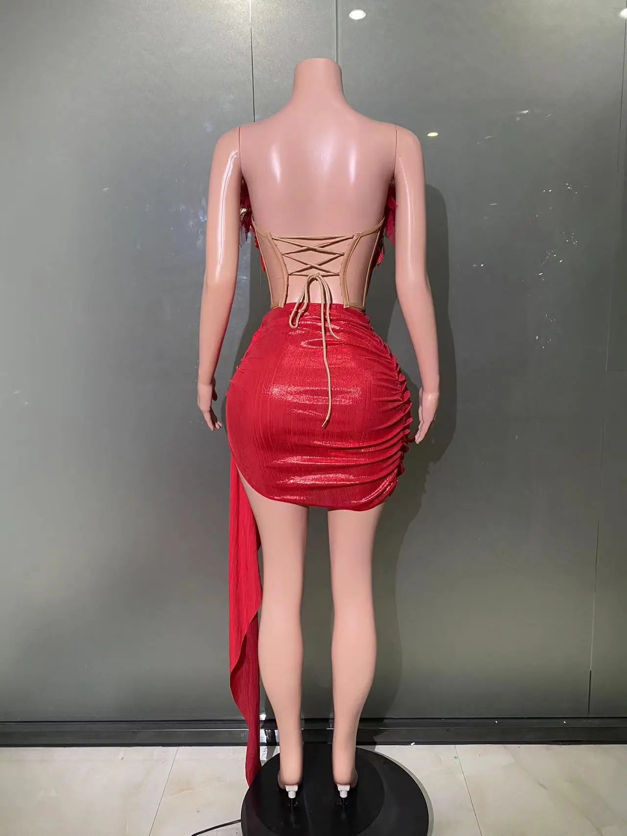 Christmas Style Women Sexy 2 Pieces Beading Draped Bodycon Mini Dress Nightclub Party Celebrate Bar Singer Performance Costume