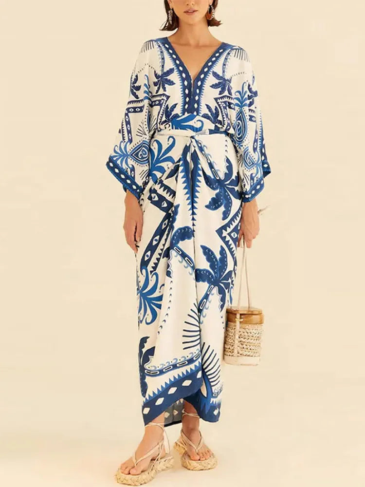 Vintage Bule Print Lace Up Midi Dress Women V Neck Half Sleeve High Waist Vestidos Spring Summer Casual Beach Robes Female
