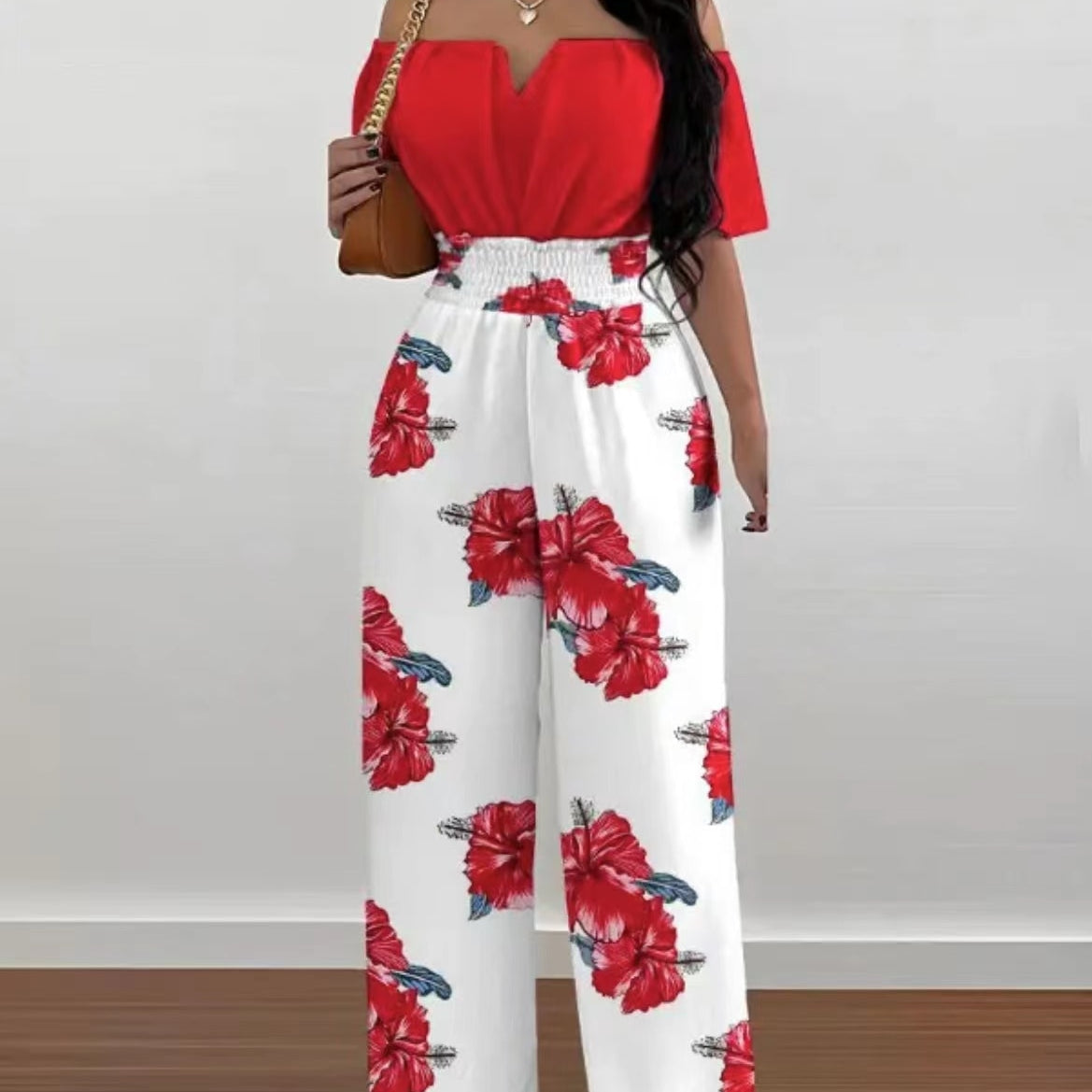 Summer Fashion Printed Wide Leg Jumpsuit Women Sexy Beach Style Off-shoulder High Waist Jumpsuit Womem 05