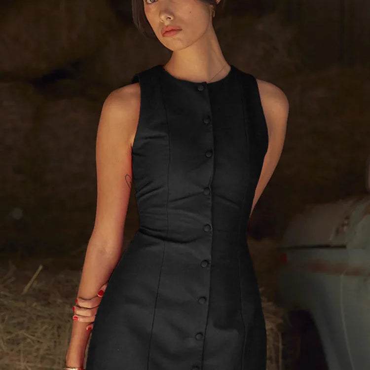 Fashion Sleeveless Sexy Mini Dress For Women New O Neck Single-btrasted Bodycon Club Party Tank Dress Femme Clothes
